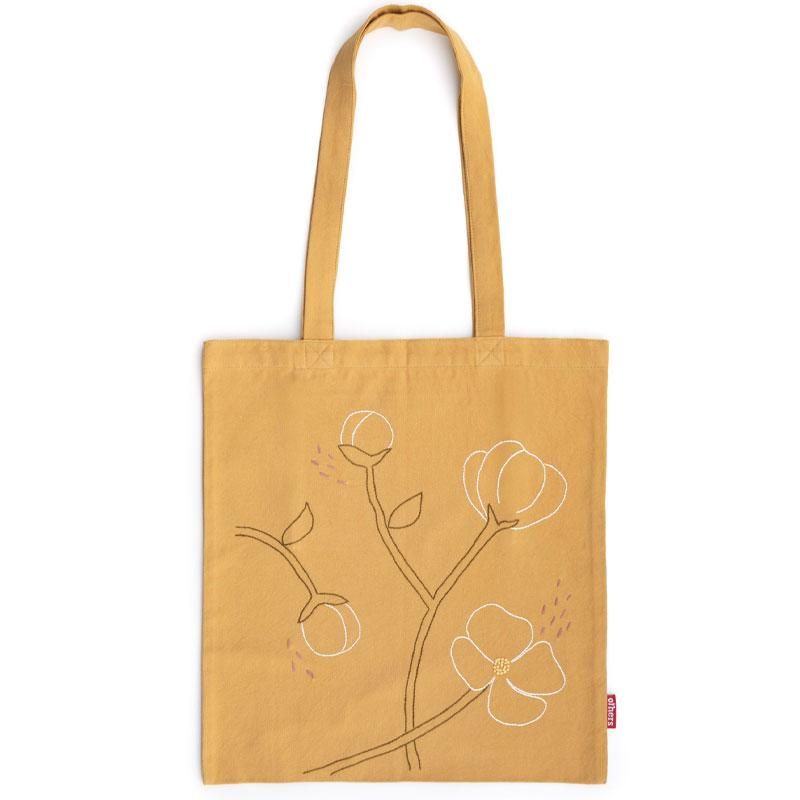 Others - Håndbrodert handlenett blomster gul